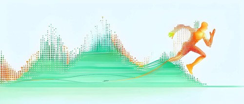 Illustration of a wave of vibrant data points shaping into a runner silhouette, conveying speed and