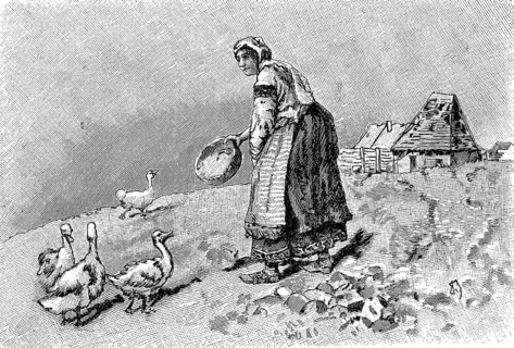 Farmer's wife in Bulgaria feeding the geese, Illustration from 1880, Historical, digital
