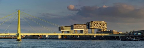 Severinsbrücke and Rheinauhafen harbour with crane houses, Cologne, North Rhine-Westphalia,