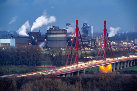 Thyssenkrupp Steel steelworks, blast furnaces 8 and 9, gasometer, motorway bridge of the A42 over