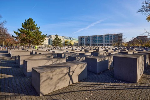 Memorial to the Murdered Jews of Europe, Holocaust Memorial under a blue sky on