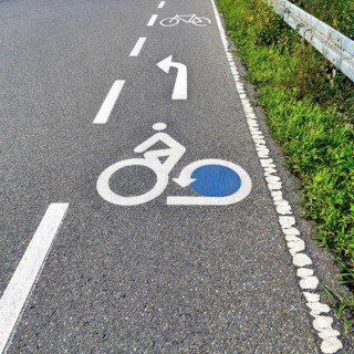 Cyclist pictogram, marking on asphalt, lane on Lake Constance cycle path, Lake Constance cycle