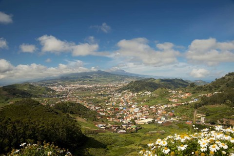 Panorama from Mirador de Jardina to San Cristobal de La Laguna, behind it the Pico de Teide, 3718m,
