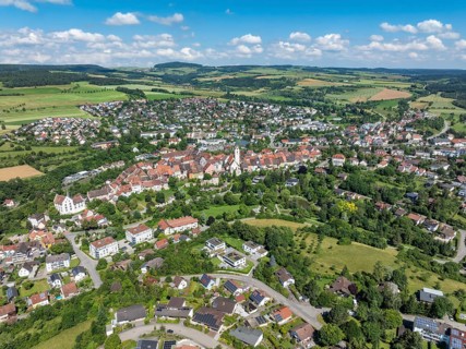 Aerial view of the town of Engen in Hegau with the historic old town, district of Constance,