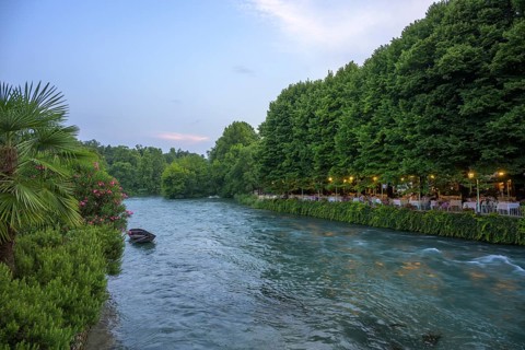 Restaurant on the Mincio River, Borghetto, Valeggio sul Mincio, Province of Verona, Italy, Europe