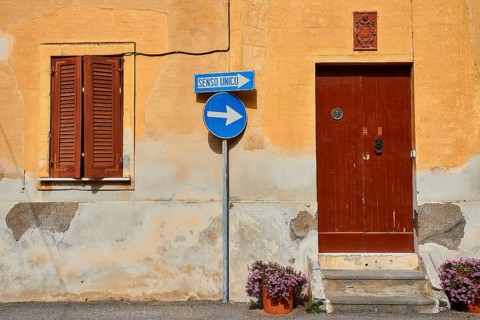 House wall, one-way street sign, brown door, brown shutters, flower pot, Rinella, town on the south