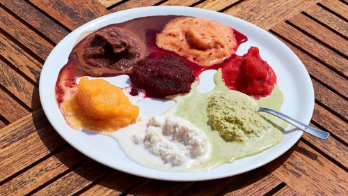 Plate with different types of granita, Bar Da Alfredo, Lingua, south-east tip of the island,