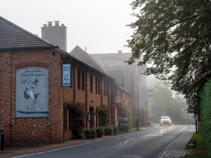 Schlepzig Brewery in the fog on Dorfstraße, Spreewald, Brandenburg, Germany, Europe