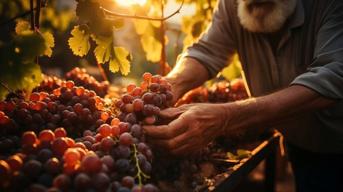 Weathered vintner inspects his wine grape harvest in the vineyard. generative AI