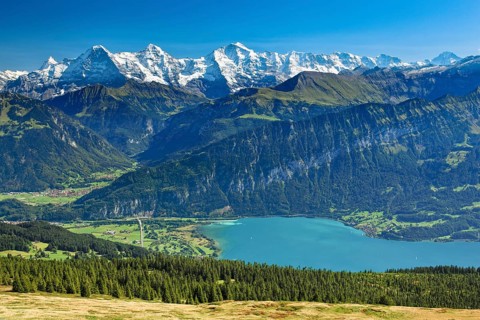 Swiss Alps, View from Niederhorn, Eiger, 3974 m, Moench, 4099 m, Jungfrau, 4158m, Lake Thun,