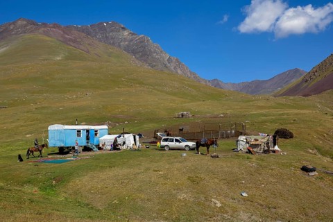 Shepherds with their caravan on their summer pasture, Dshajloo, West Karakol Valley, Tien Shan