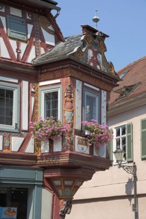Oriel with ornamentation on half-timbered house, Einhardhaus, Seligenstadt, Main, Hesse, Germany,
