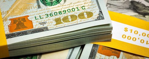 Creative business finance making money concept, letterbox panoramic image of new 100 US dollars