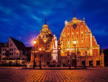 Vintage retro effect filtered hipster style image of Riga Town Hall Square, House of the Blackheads