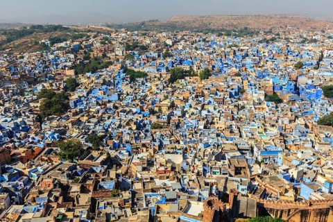 Aerial view of Jodhpur, also known as Blue City due to the vivid blue-painted Brahmin houses around