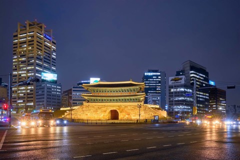 Seoul, South Korea, April 1, 2016 : Namdaemun Gate Sungnyemun at night with city traffic, Seoul,