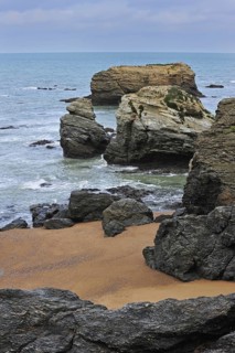 Sea stacks at the Plage des Cinq Pineaux at Saint-Hilaire-de-Riez, La Vendée, Pays de la Loire,