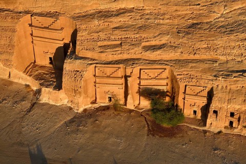 Nabataean Tombs at the Rock Qasr Al-Bint, Blue Hour, Hegra or Mada'in Salih, AlUla Region, Medina