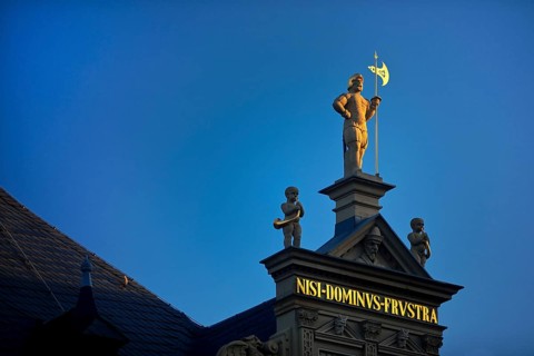 Statue of a national servant on the guildhall at the fish market, Erfurt, Thuringia, Germany,