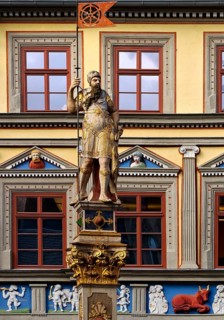 The statue Romans in front of the Haus zum Roten Ochsen, a very beautiful Renaissance building,