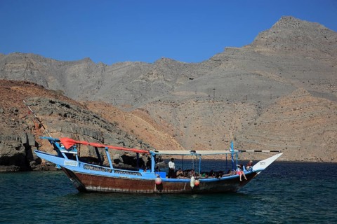 Dhow in the bays of Musandam, Shimm Strait, in the Omani enclave of Musandam, Oman, Asia