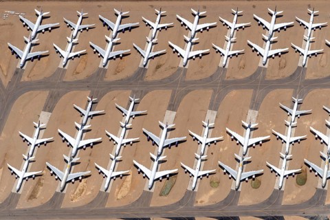 Aerial view of parked commercial aircraft at Teruel Airport in Aragon, parking, storage, scrapping,