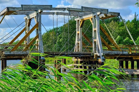 Listed wooden bascule bridge over the Trebel near Nehringen, Mecklenburg-Western Pomerania,