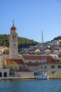 Church of St. Jerome of Stridon and sailing boat, Pucišca, Split-Dalmatia County, Croatia, Europe