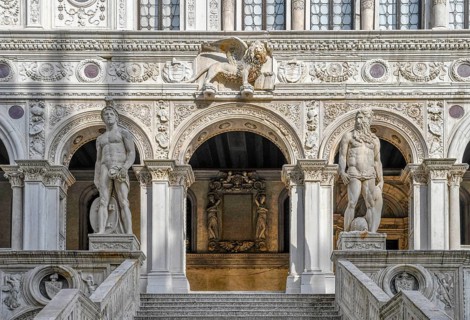 Winged lion in the courtyard of the Doge's Palace, San Marco district, Venice, Veneto region,