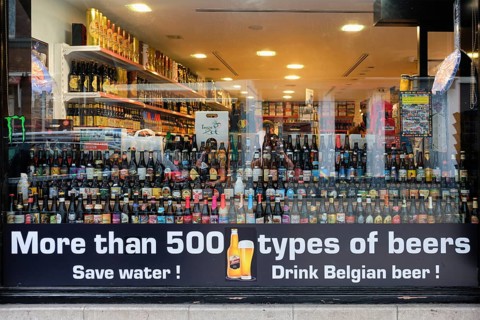 Bruges, Belgium, MAY 29, 2018: Beer shop window in Belgium. Belgium is known for beer production
