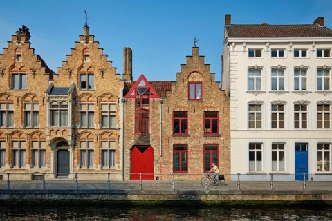 Bruges typical Belgian cityscape Europe tourism concept, canal and old Flemish houses. Brugge,