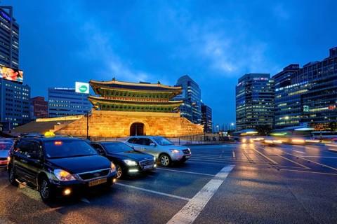 Seoul, South Korea, April 1, 2016 : Namdaemun Gate Sungnyemun at night with city traffic, Seoul,