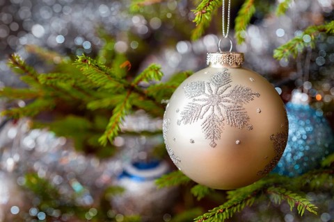 Christmas celebration holiday background, christmas-tree decoration bauble on decorated Christmas