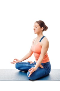 Woman doing Yoga meditation asana Padmasana, lotus pose posture with chin mudra isolated on white