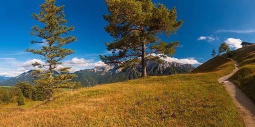 Panorama from Hoher Kranzberg, 1397m onto the cloudy Karwendel Mountains, Werdenfelser Land, Upper