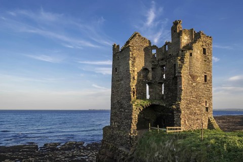 Keiss Castle overlooking Sinclairs Bay, Caithness, Scotland, UK