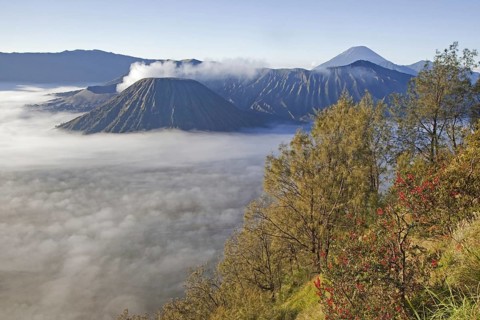 Sunrise over Mount Bromo, Gunung Bromo, active volcano and part of the Tengger massif, East Java,