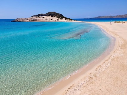 Drone shot, double bay of Simos beach, Sarakiniko beach, Elafonisos, Deer Island, Laconia,