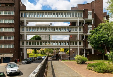 Raised walkways linking Bembridge House and Harmon House, Pepys Estate, Deptford, London SE8,