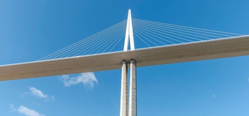 Millau viaduct, cable-stayed bridge over Tarn valley. The highest road bridge in the world. A75