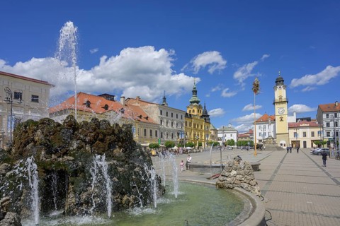 Fountain on the main square behind the clock tower, Banská Bystrica, Banskobystrický kraj,