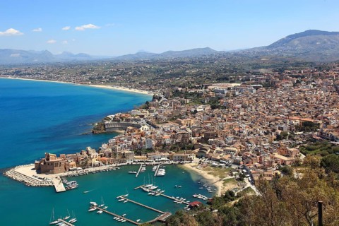 View of Castellammare del Golfo with the castle and the harbour, municipality in the province of