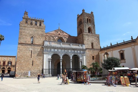 City of Monreale, souvenir stands in front of the Cathedral of Santa Maria Nuova, Unesco World