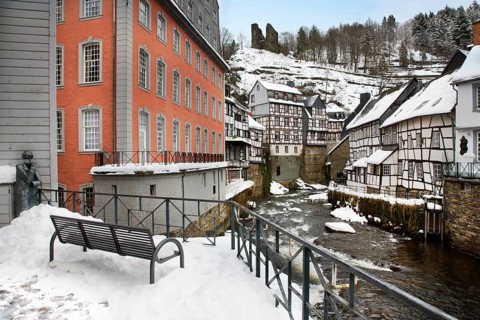 Historic half-timbered houses along the Rur near Monschau, Eifel, North Rhine-Westphalia, Germany,