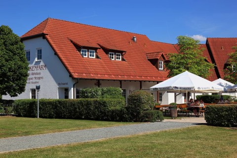 Beer garden of the Frankenfarm, Himmelkron, Kulmbach district, Upper Franconia, Bavaria, Germany,