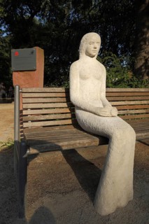 Sculpture Snow White on the Park Bench by Bettina Seitz 2015 in Lohr am Main, Lower Franconia,