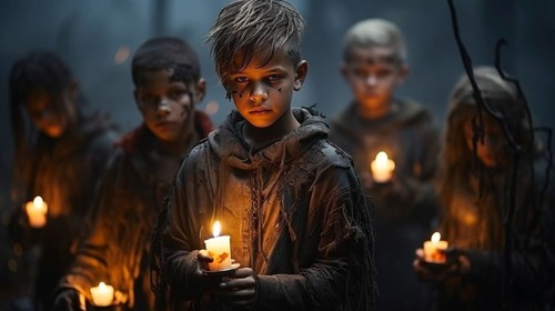 Scary and mysterious children carrying candles on a foggy halloween night, generative AI