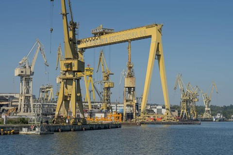 Cranes, old shipyard Stocznia Szczecinska Wulkan, Szczecin, West Pomeranian Voivodeship, Poland,