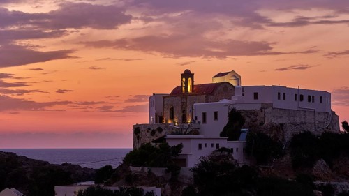 Dusk, sunset, cloudy sky, pink sky, Chrissoskalitissa, rock monastery, artificial light, Orthodox