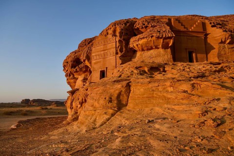 Nabataean tombs at Djabal Al-Ahmar in first light, Hegra or Mada'in Salih, AlUla region, Medina